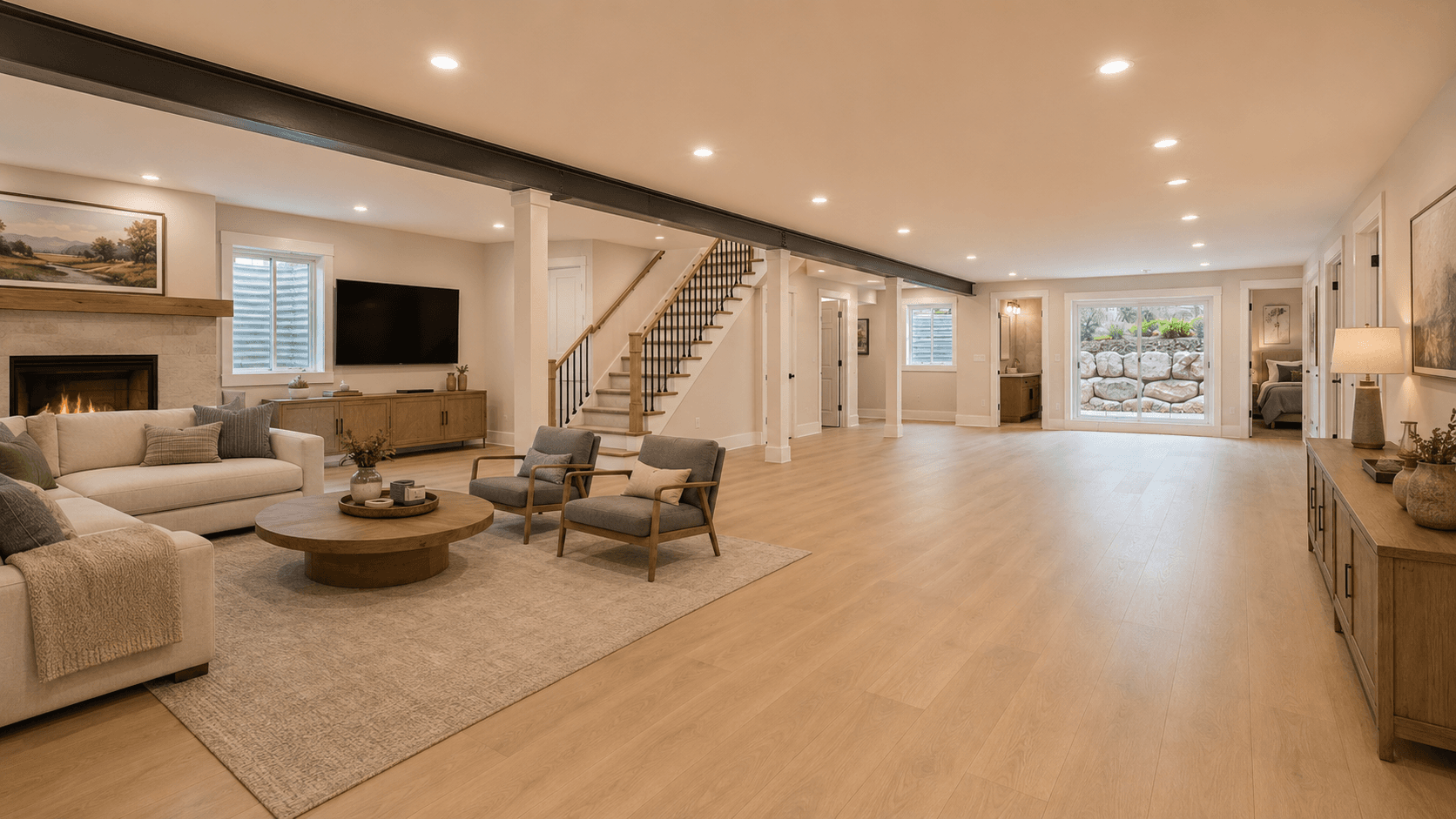 Finished basement — fireplace, built-ins, wet bar, and bedrooms
