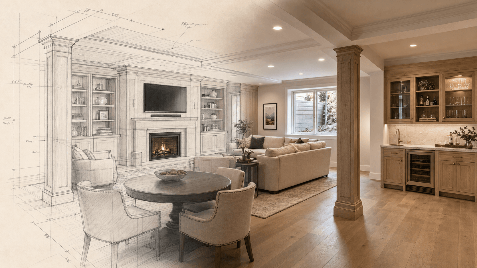 Finished basement living space with fireplace and wet bar