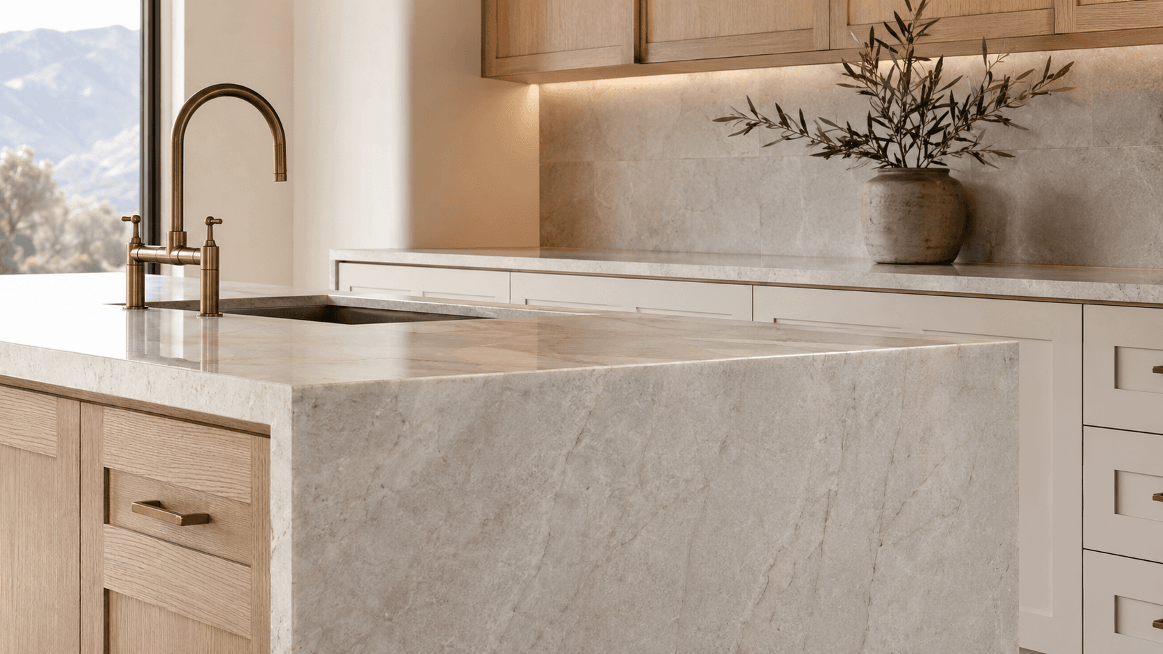 Kitchen island detail with waterfall countertop and black steel pendants