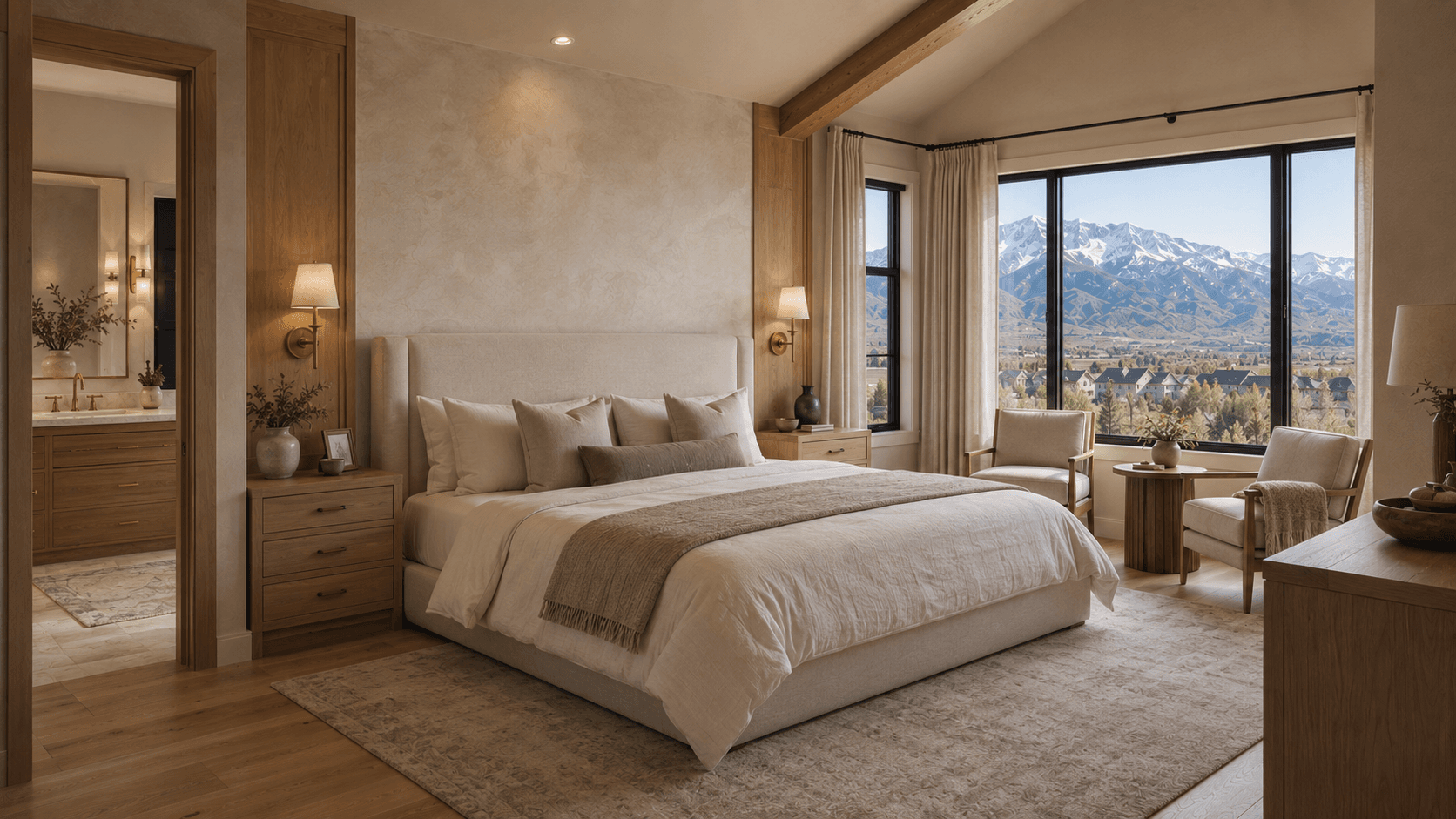 Primary suite with mountain-view windows and walnut vanity